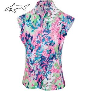 Greg Norman Sleeveless Golf Polo Shirt Size M Ruffles Floral Pink Stretch